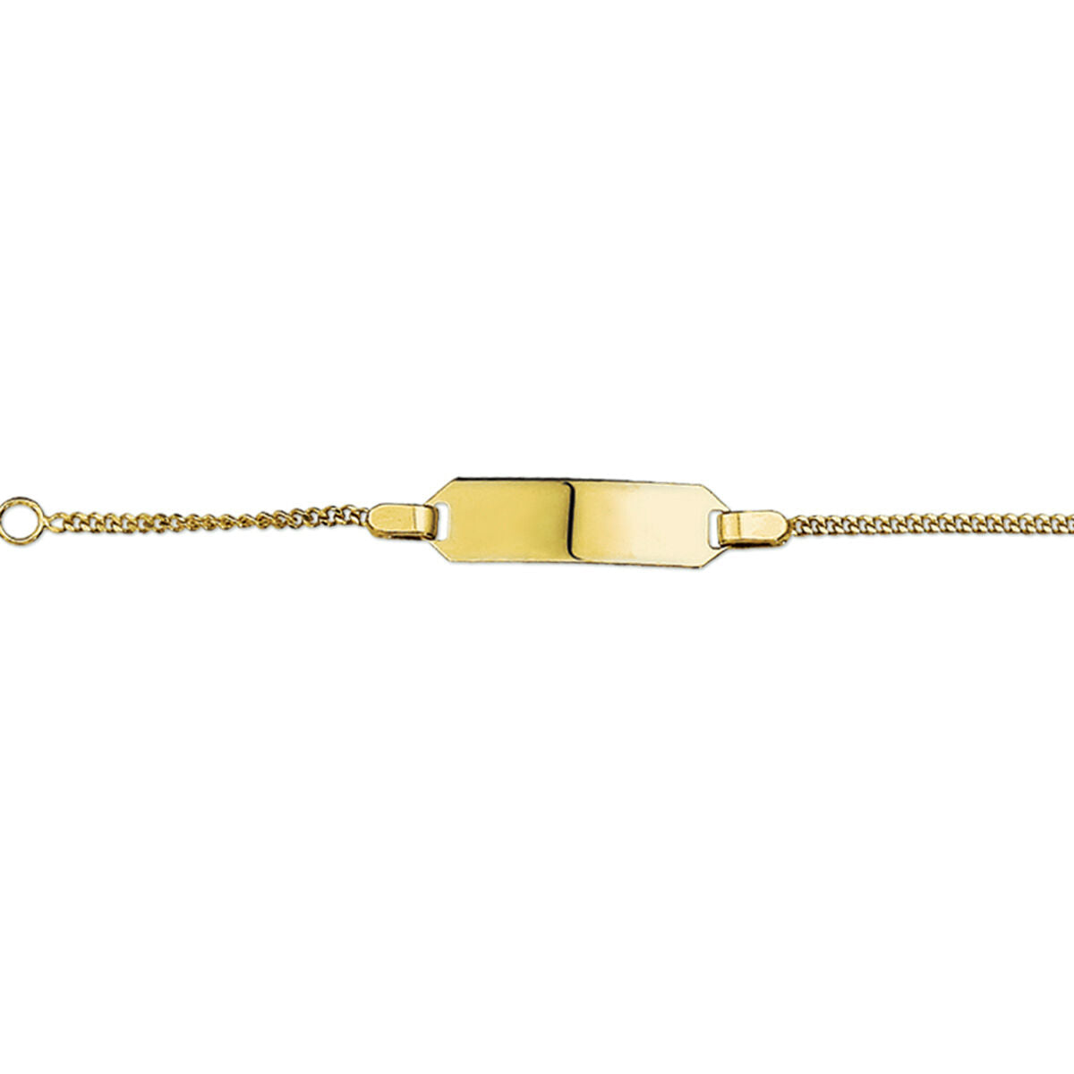 Pulsera gourmet de 14K en oro amarillo con placa rectangular y cadena de eslabones.