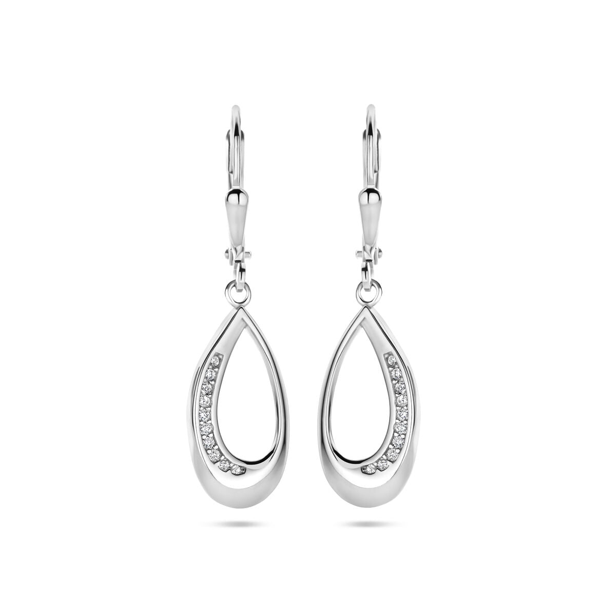 Pendientes largos de plata rodiada con forma de gota y zirconias brillantes, de 34 mm.