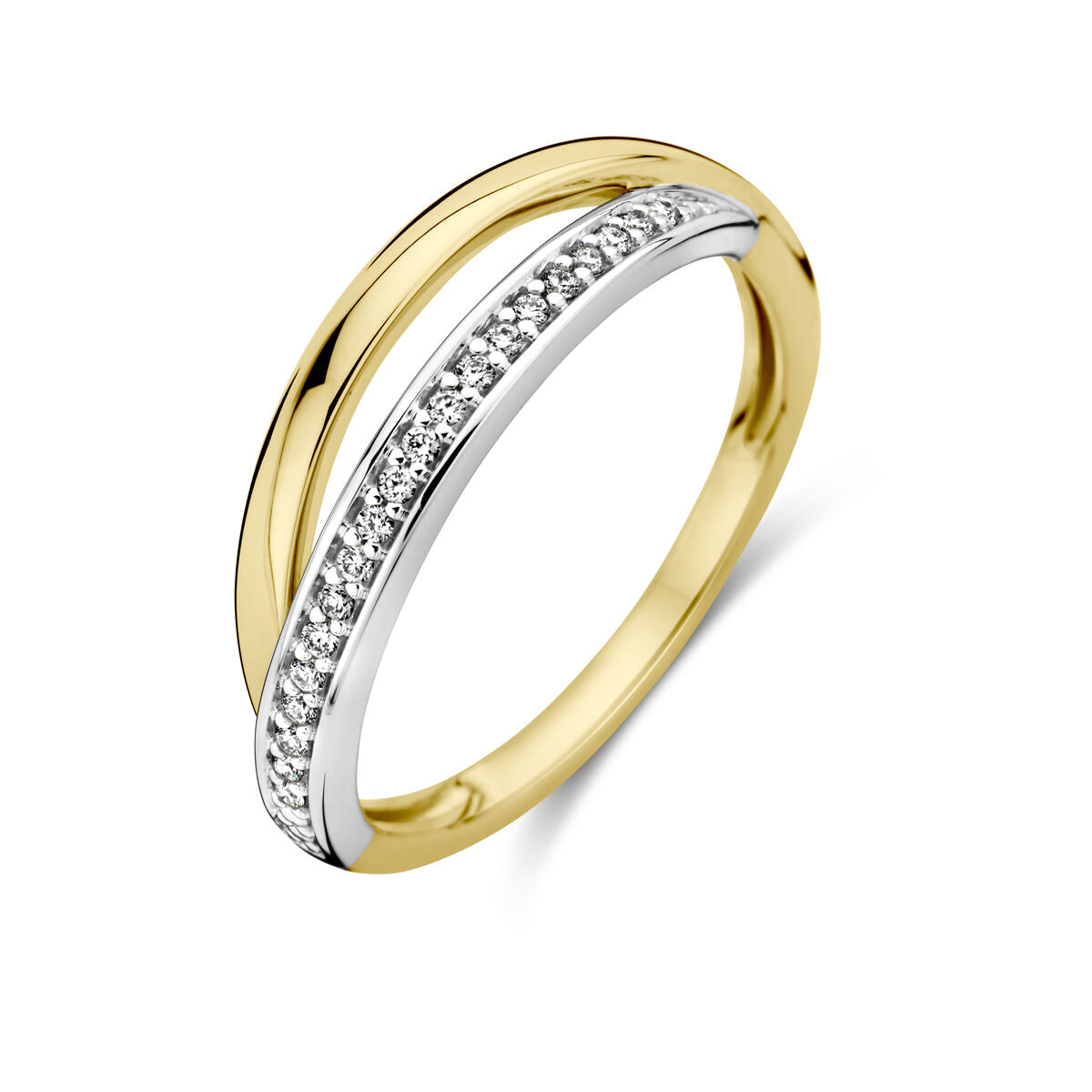 Anillo bicolor de oro amarillo y blanco con diamantes de 0.08 ct en la parte superior.