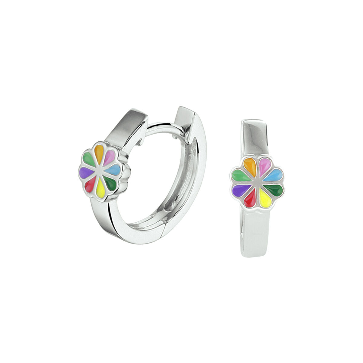 Aros de flores plateados con acabado rodiado y detalles en colores.