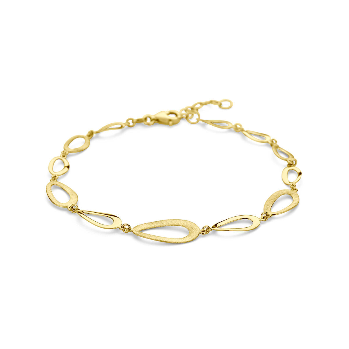 Pulsera dorada de 14K con acabado pulido y mate, con eslabones en forma de lágrima.