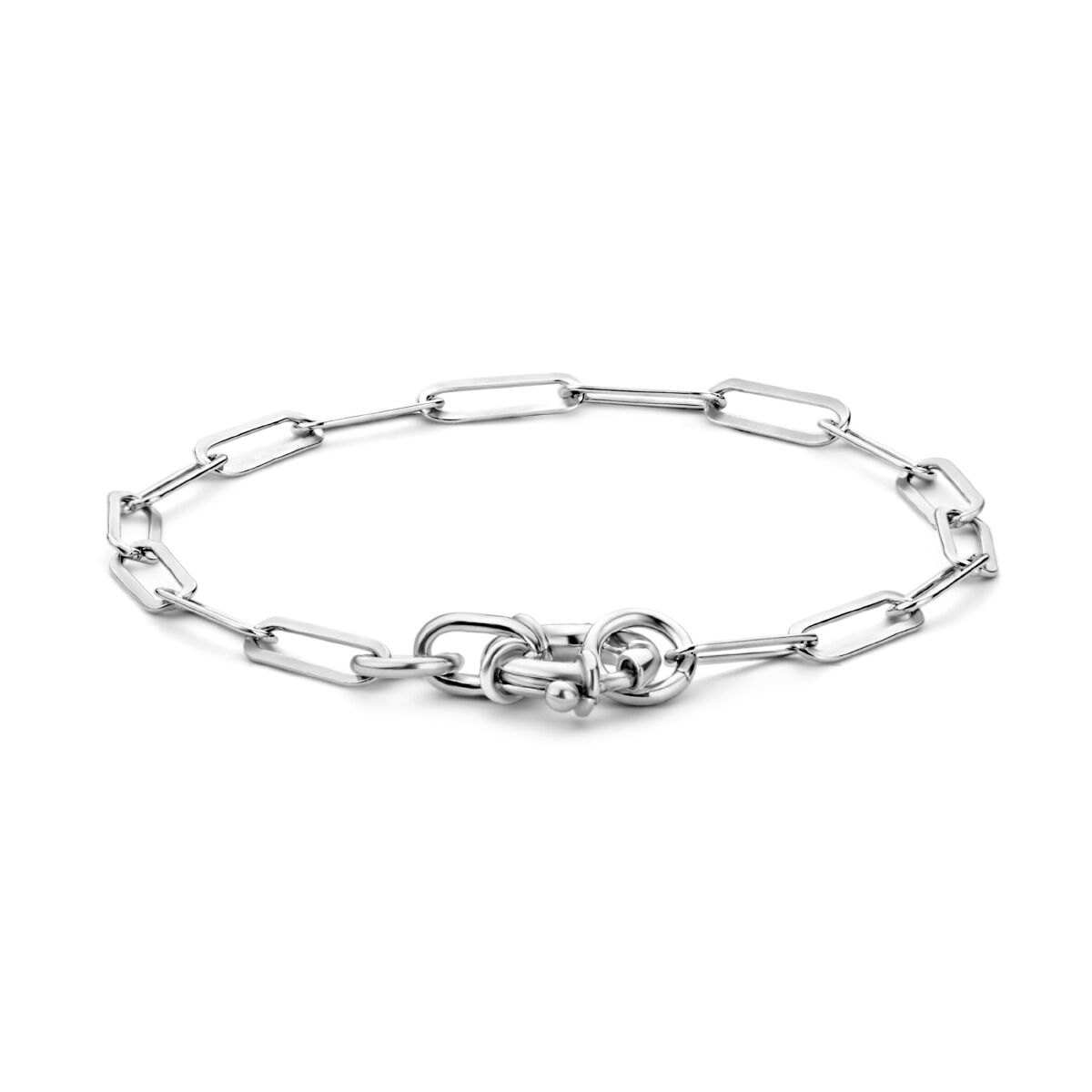 Pulsera de eslabones tipo paperclip de 17 cm con tubo plano de 3,8 mm y gran cierre de plata rodiada.