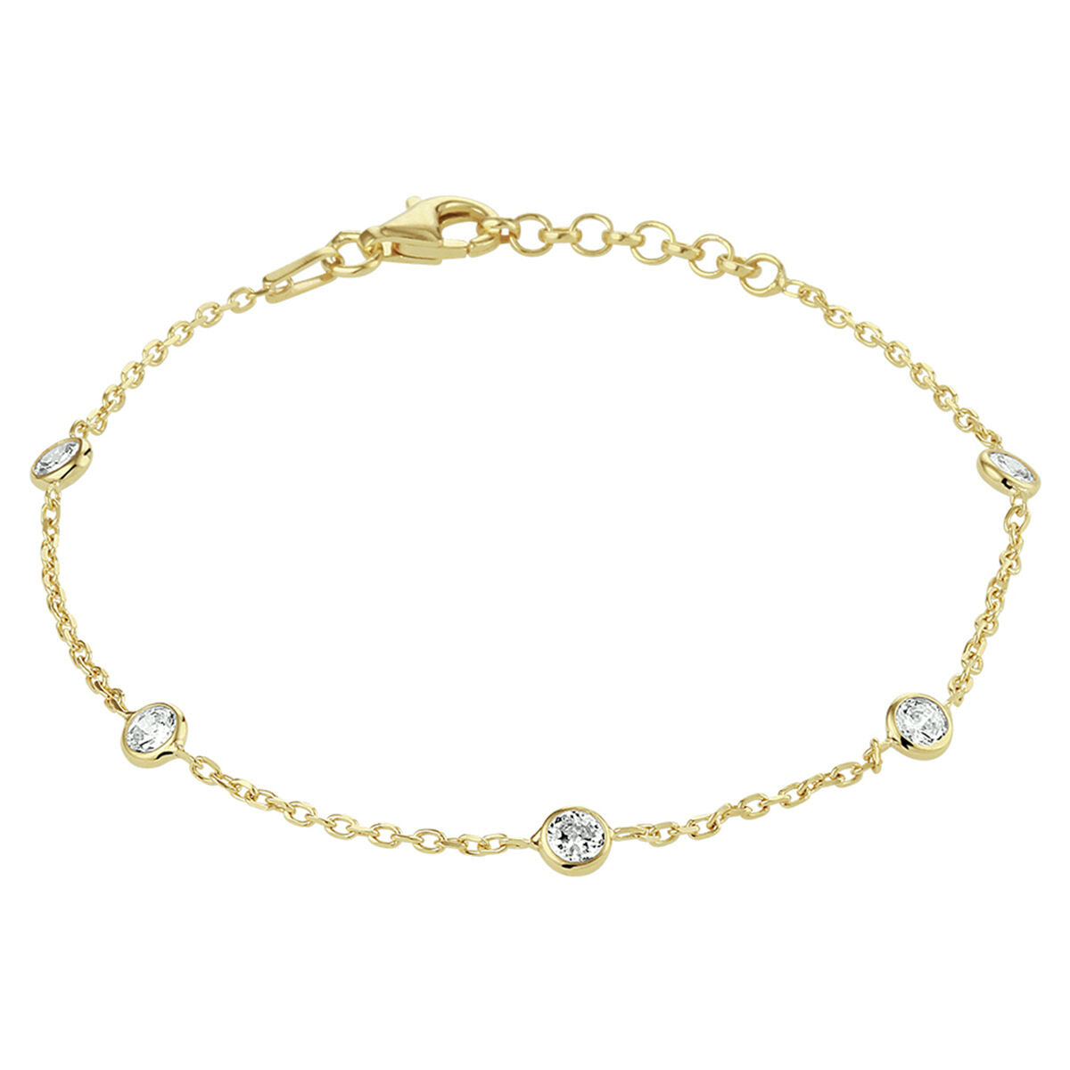Pulsera dorada de 3 micrones con circonitas brillantes, de 17 cm más 2 cm de extensión.