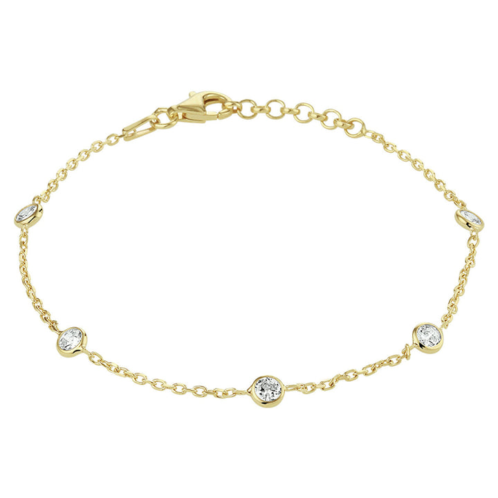 Van der Kooij Collectie armband zirkonia 17 + 2 cm, 3 micron geel verguld zilver met vijf bezel-gezette zirkonia's en verstelbare sluiting.