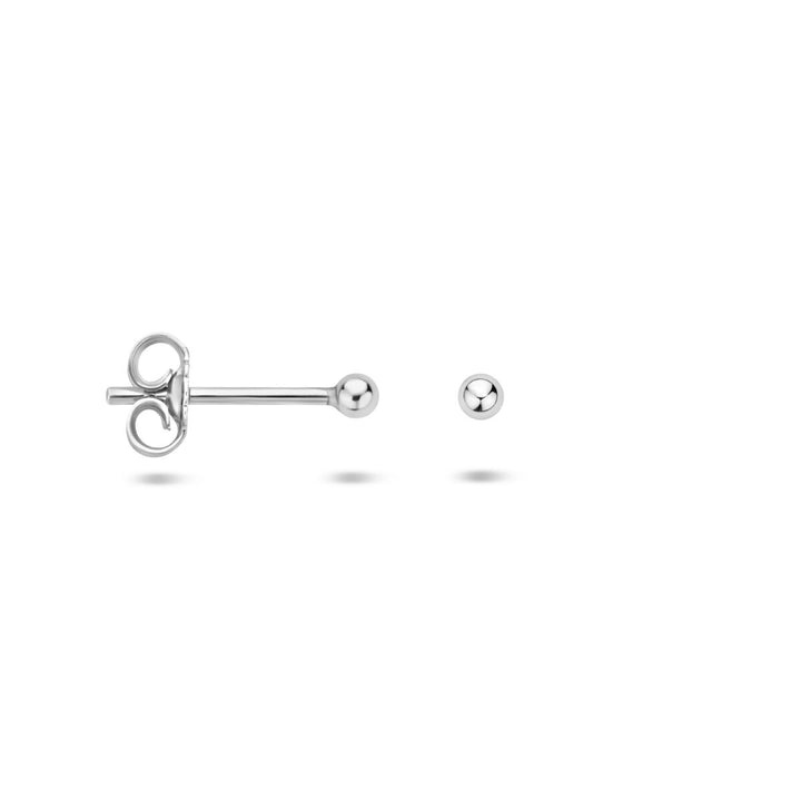 Een paar Van der Kooij Collectie oorknoppen bolletje zilver gerhodineerd studs, één afgebeeld met de achterkant en één vanaf de voorkant, met kleine bolvormige uiteinden, weergegeven op een effen witte achtergrond.
