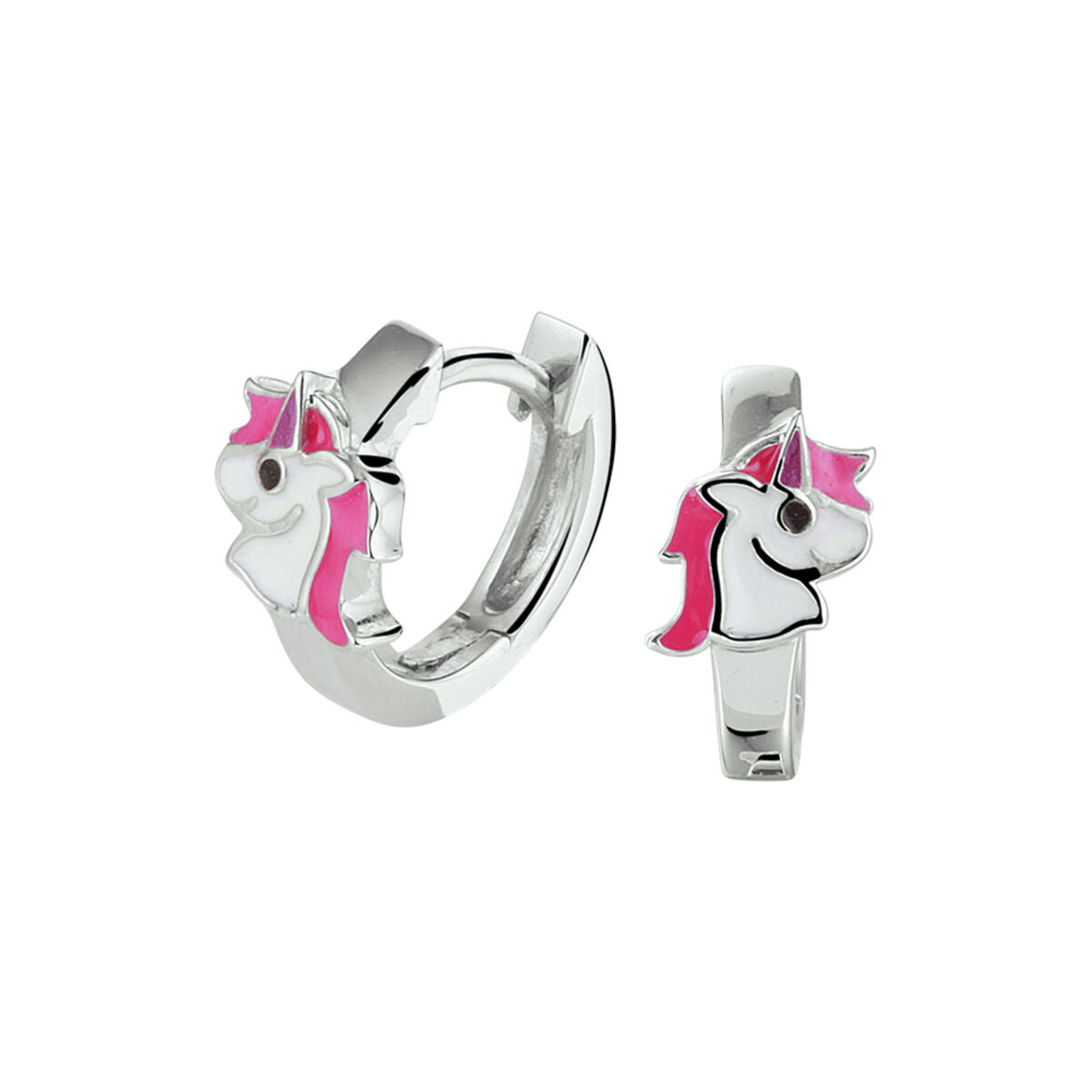 Pendientes de aro de plata rodiada con diseño de unicornio en color rosa y blanco.