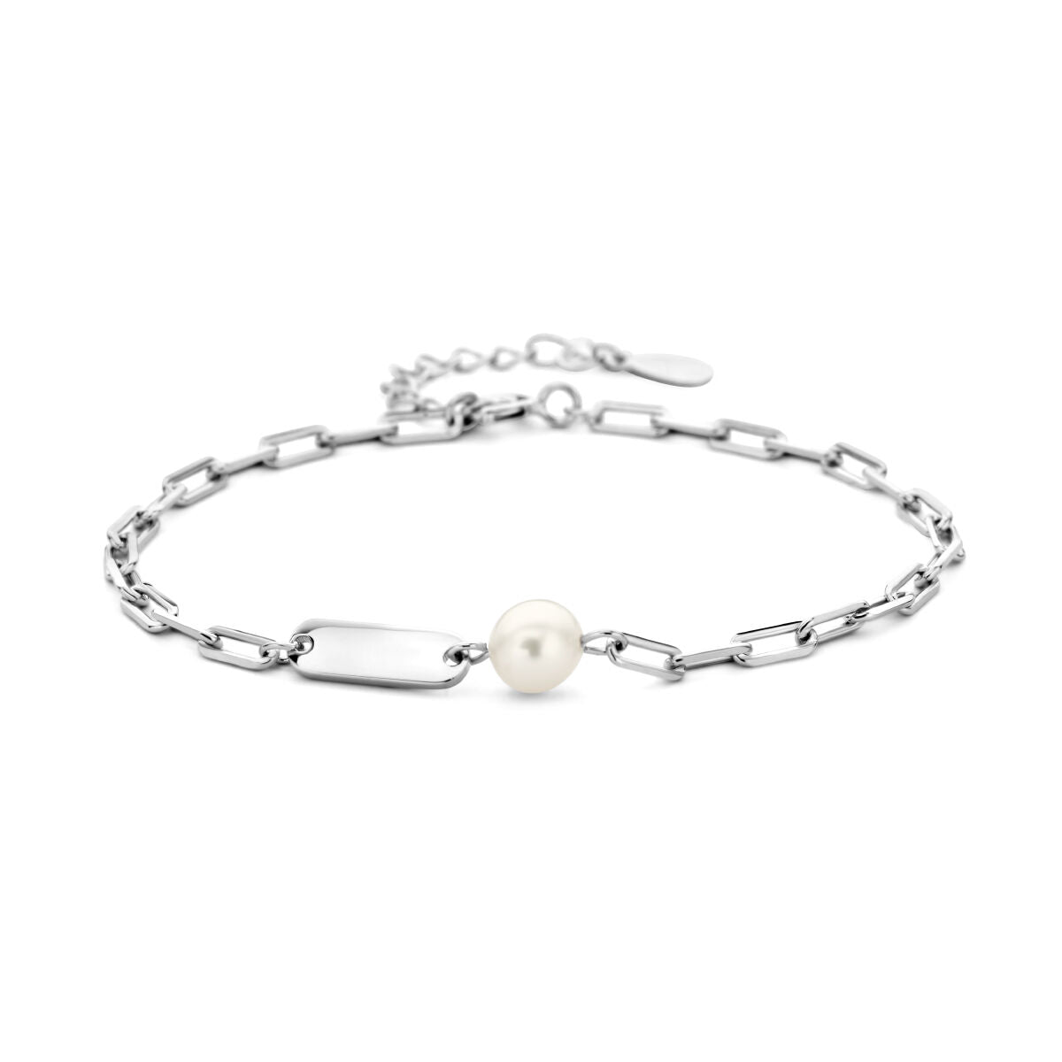 Pulsera de eslabones de plata rhodium con placa grabable y perla.