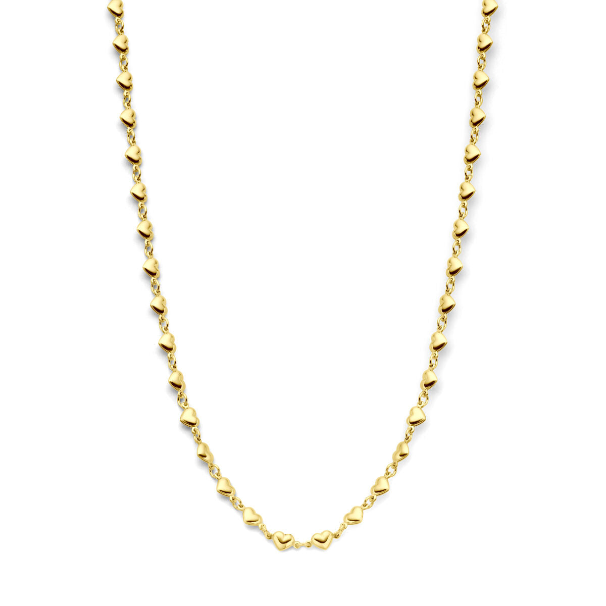 Collar de corazones en plata dorada de 3 micrones, con longitud de 41 + 4 cm.