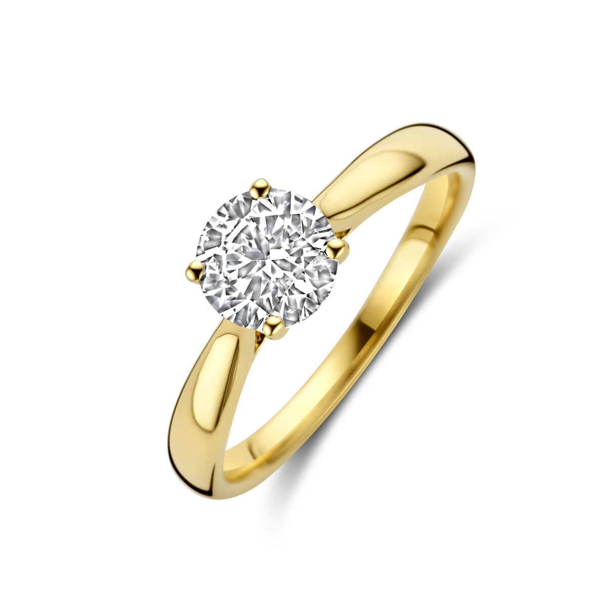Anillo de oro amarillo de 14K con diamante lab-grown de 1.0 ct, diseño clásico y brillante.