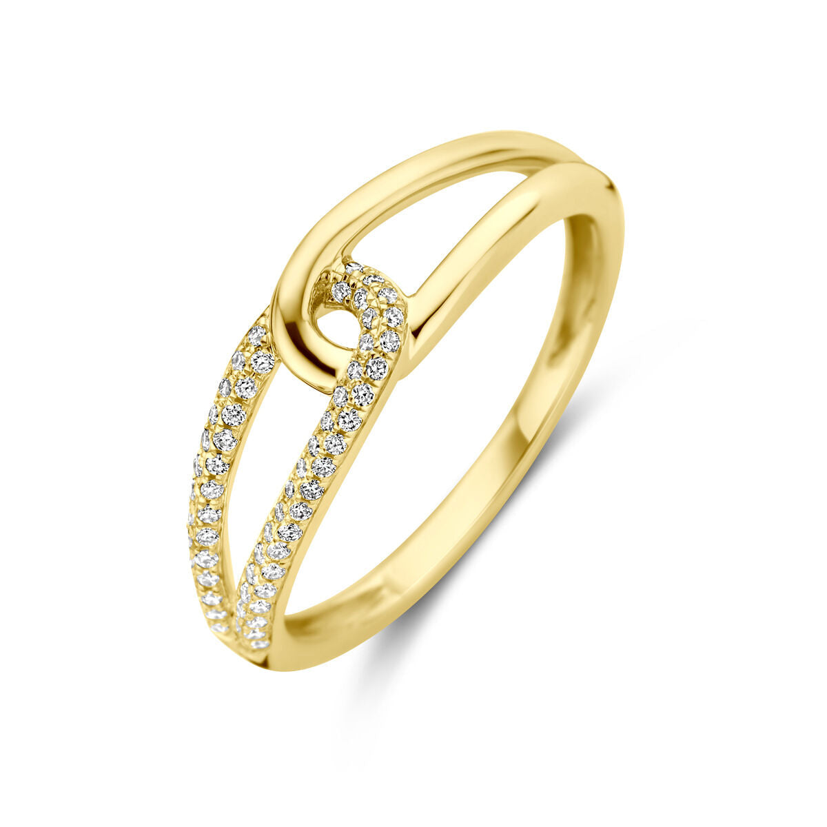 Anillo de oro amarillo de 14K con diamantes de 0.14 ct en un diseño entrelazado.