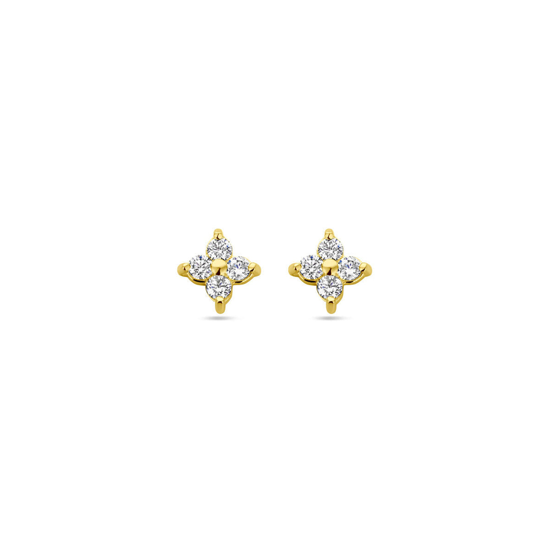Een paar Van der Kooij Collectie oorknoppen bloem zirkonia 1 micron zilver verguld (geel) oorbellen, elk met vier ronde heldere zirkonia in een klavervormig ontwerp, afgebeeld op een witte achtergrond.