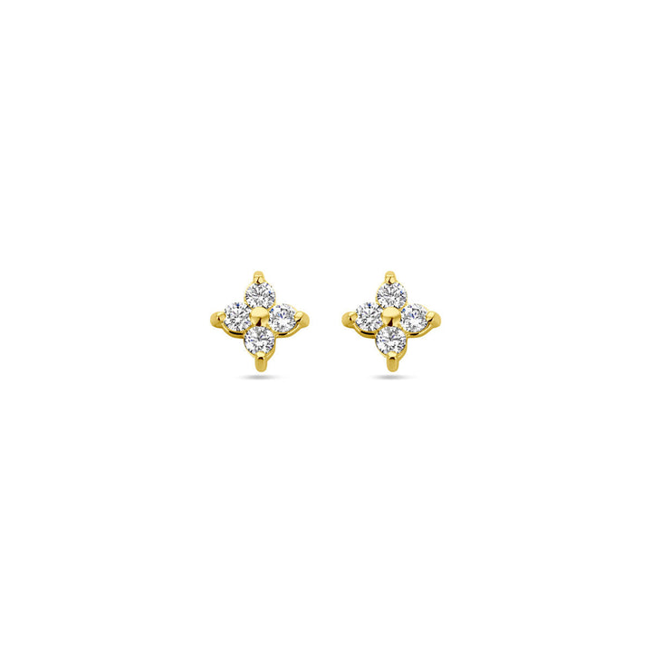 Een paar Van der Kooij Collectie oorknoppen bloem zirkonia 1 micron zilver verguld (geel) oorbellen, elk met vier ronde heldere zirkonia in een klavervormig ontwerp, afgebeeld op een witte achtergrond.