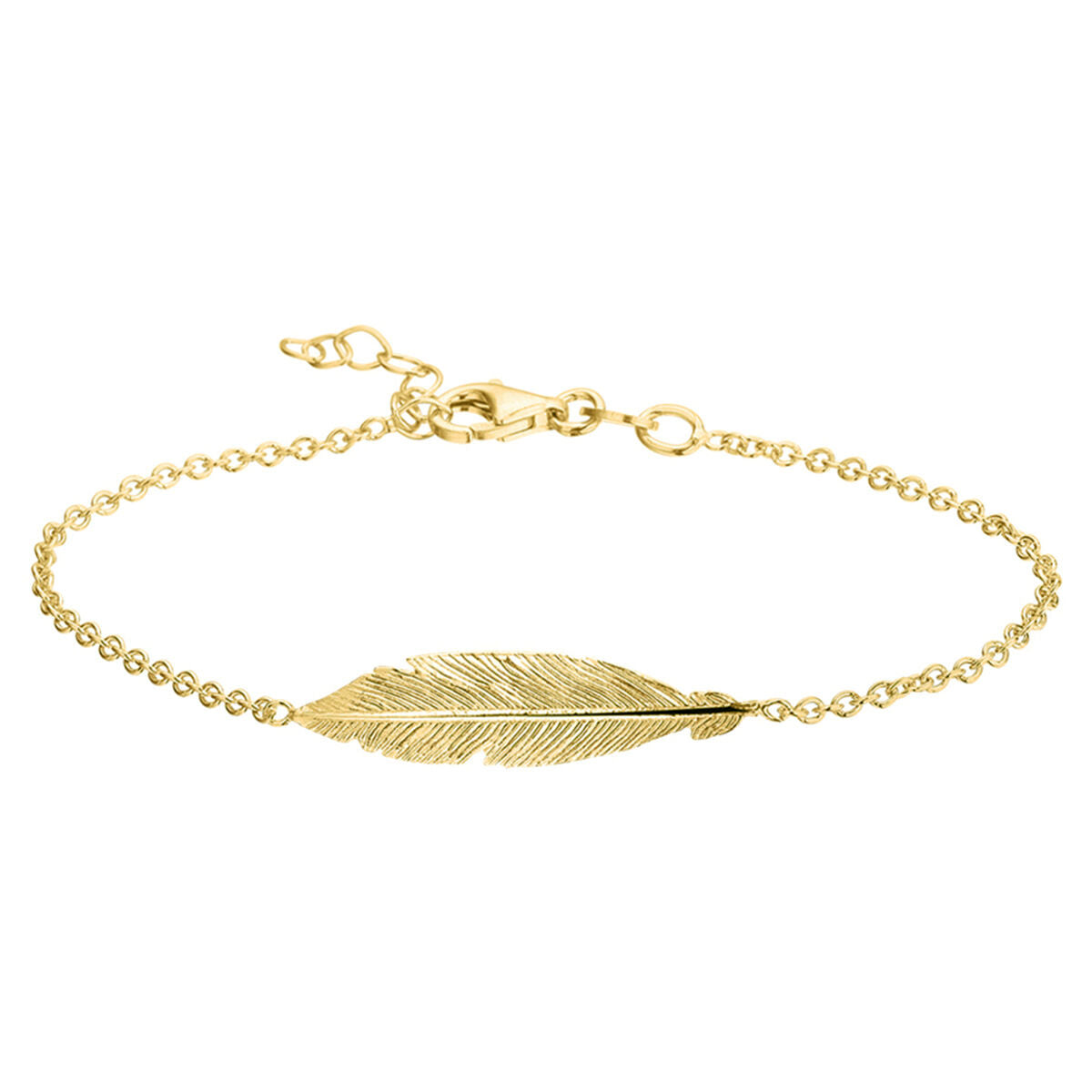 Pulsera de eslabones dorada con un colgante en forma de pluma.