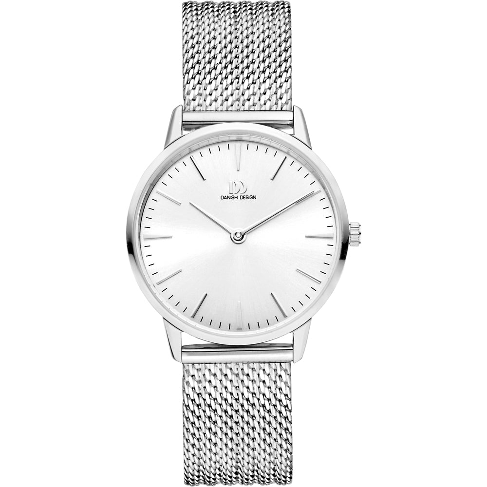 Reloj con esfera plateada, correa de malla metálica y diseño minimalista.