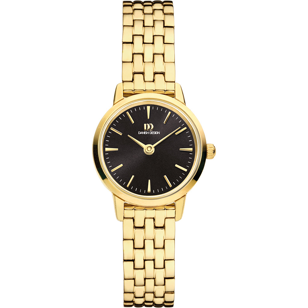 Reloj de mujer con esfera negra y correa dorada de eslabones.