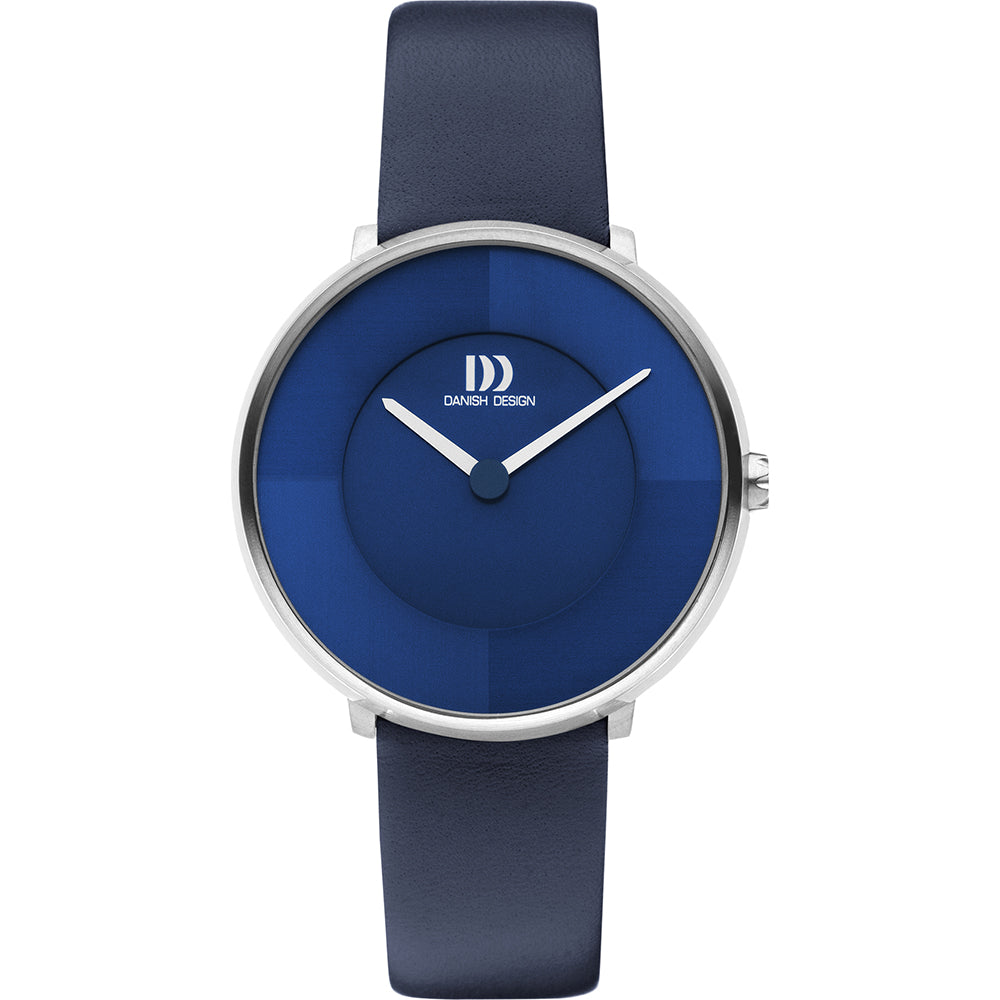 Reloj con esfera azul y correa de cuero azul, diseño minimalista y manecillas plateadas.