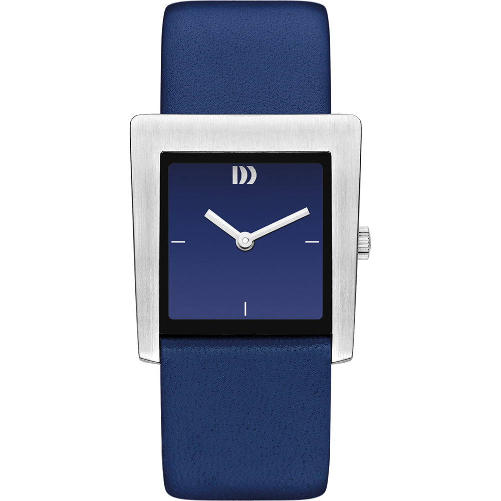 Reloj rectangular con esfera azul y correa de cuero azul.