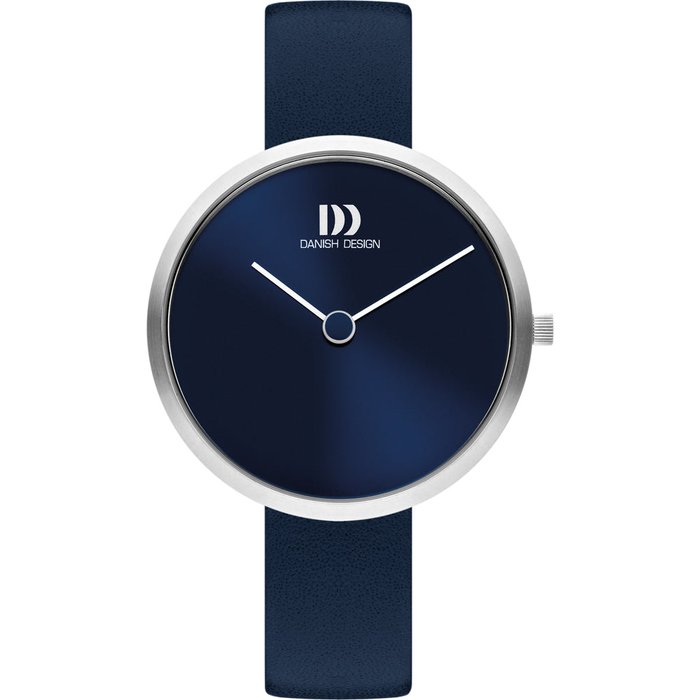 Reloj con esfera azul y correa de cuero azul, caja plateada y diseño minimalista.