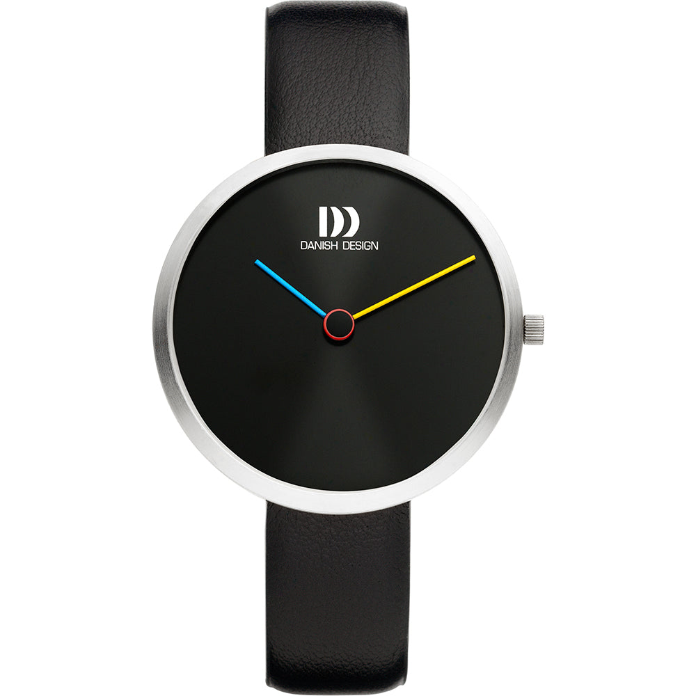 Reloj de esfera negra con correa de cuero negra y detalles en rojo, azul y amarillo.