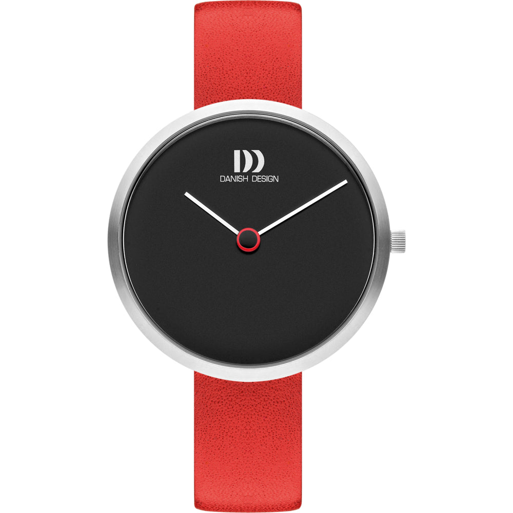 Reloj con esfera negra, caja plateada y correa roja de cuero.