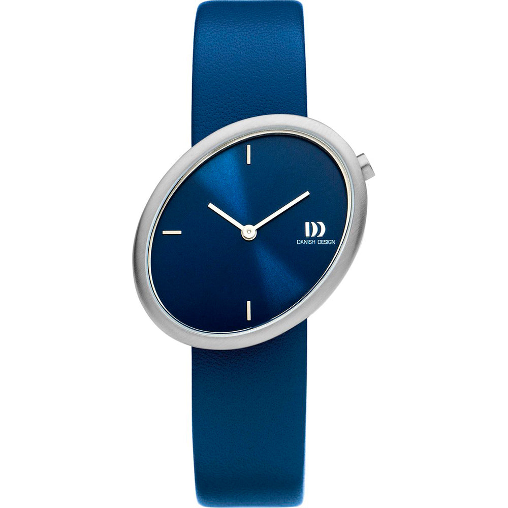 Reloj ovalado con esfera azul y correa de silicona azul.