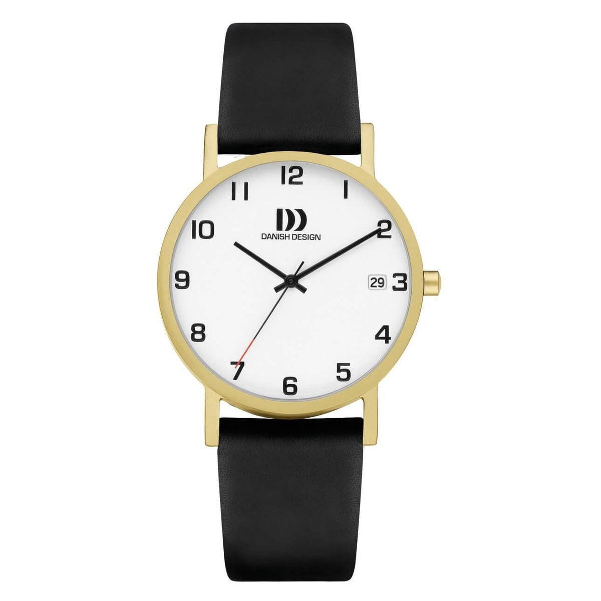 Reloj de esfera blanca con caja dorada y correa de cuero negra.