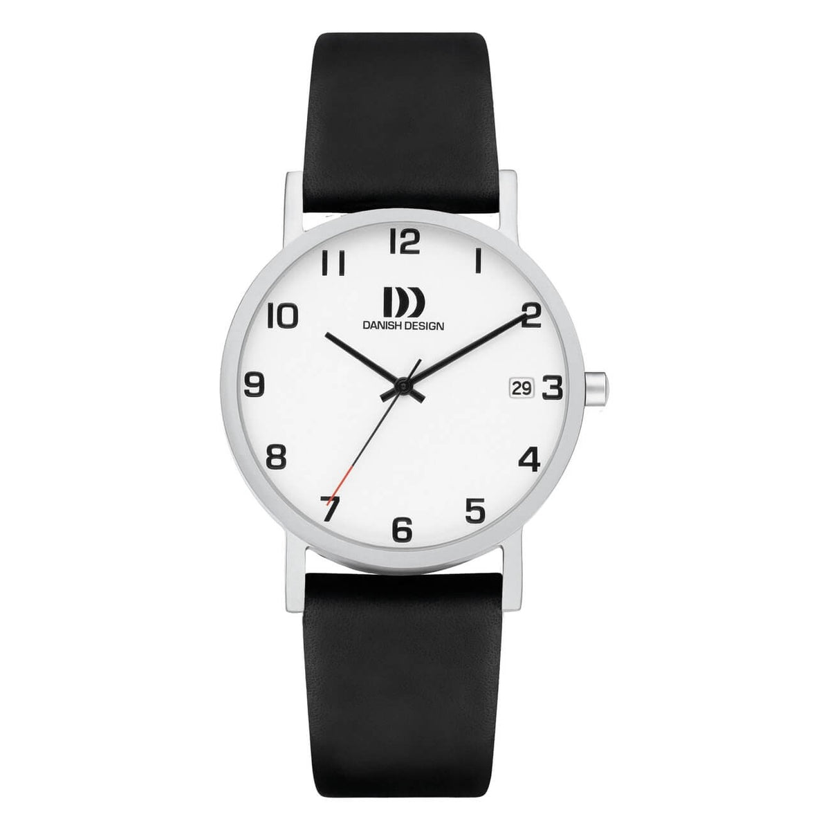 Reloj con esfera blanca, caja plateada y correa de silicona negra.