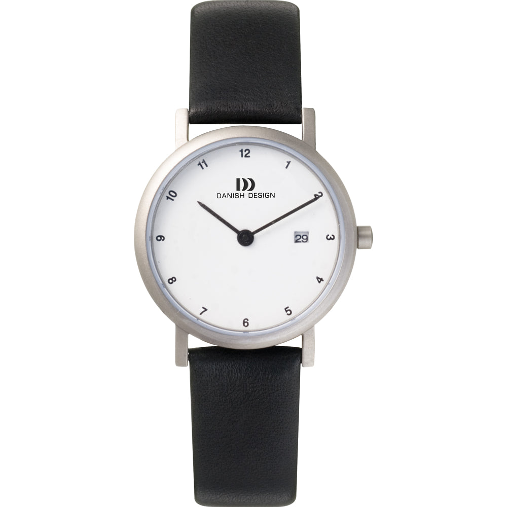 Reloj con esfera blanca, caja plateada y correa de cuero negra.