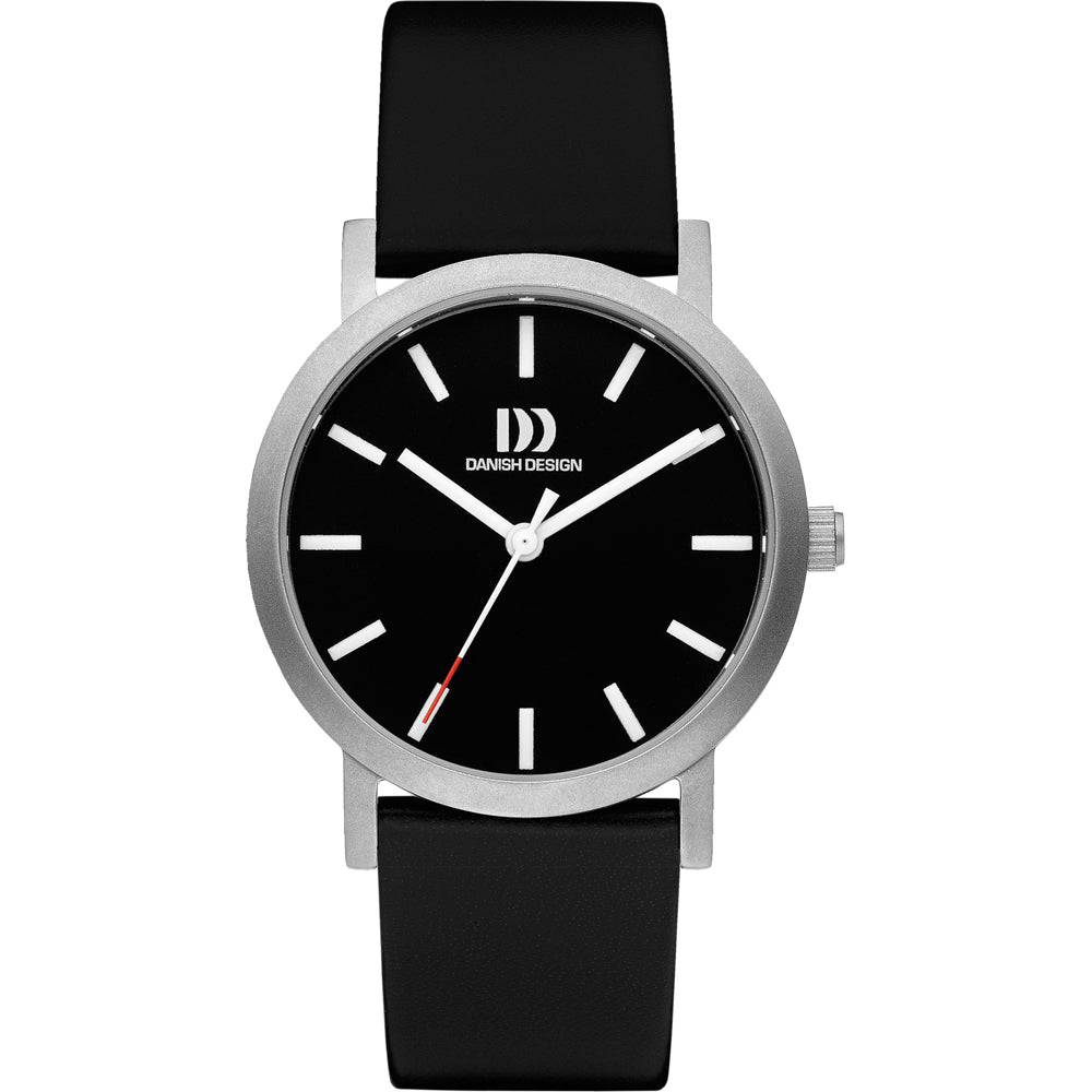 Reloj con esfera negra, correa de silicona negra y caja plateada, manecillas blancas y roja.