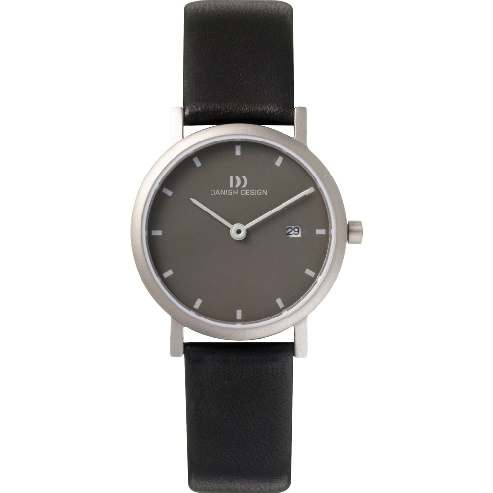 Reloj con esfera gris y correa de cuero negra, caja plateada y marcadores de hora en relieve.