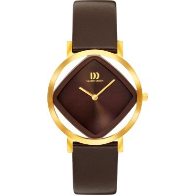 Reloj con caja dorada, esfera marrón en forma de diamante y correa de cuero marrón.