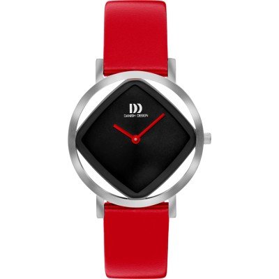 Reloj con caja plateada en forma de diamante, esfera negra y correa de cuero roja.