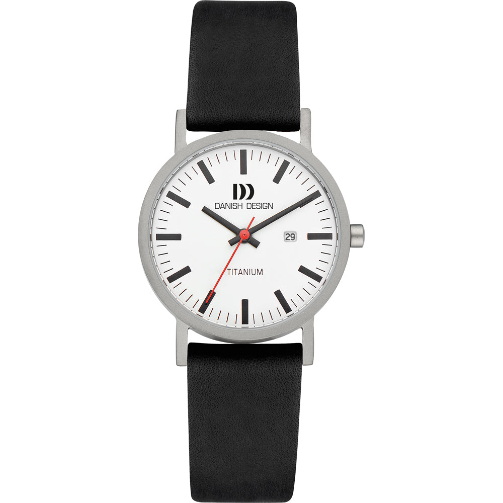 Reloj de mujer con esfera blanca, correa de cuero negra y caja de titanio.