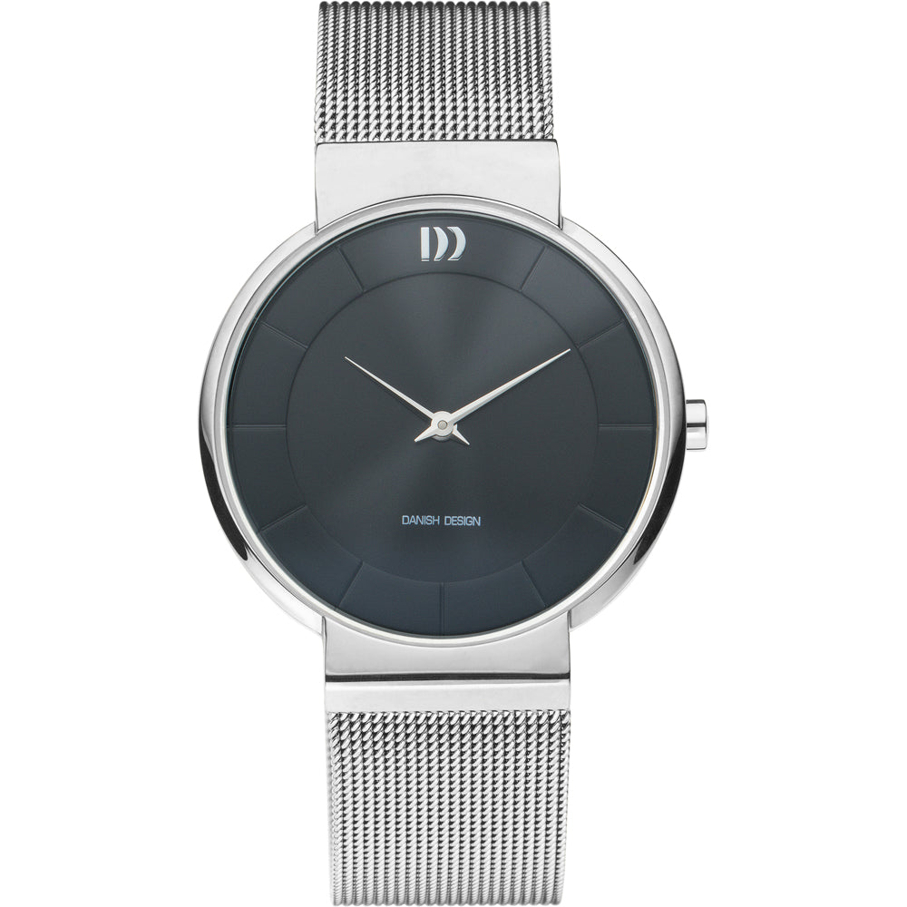 Reloj de esfera negra con correa de malla de acero inoxidable y detalles plateados.