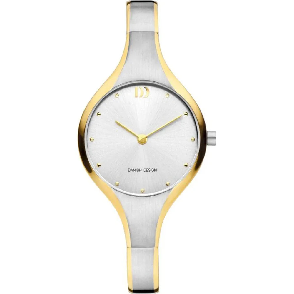 Reloj de mujer con esfera plateada, correa bicolor de acero y detalles dorados.