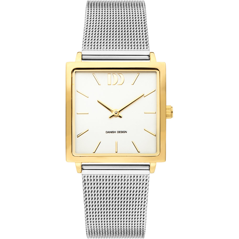 Reloj cuadrado con caja dorada, esfera blanca y correa de malla plateada.