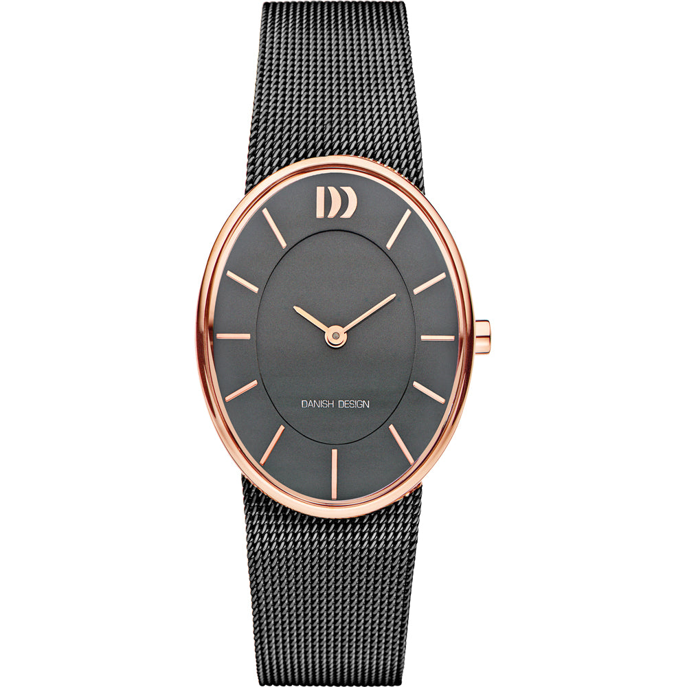 Reloj de dama con esfera gris, caja ovalada en rosa y correa de malla metálica negra.