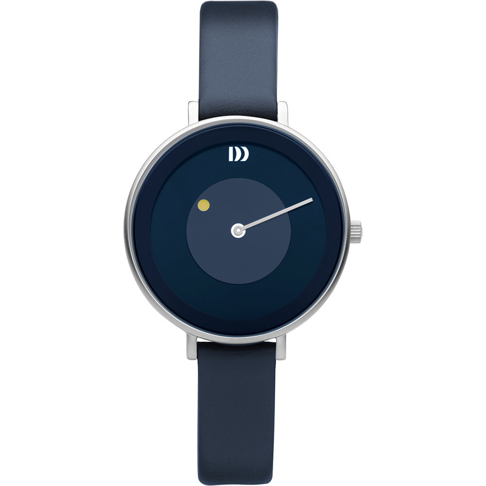 Reloj con esfera azul, correa de silicona negra y diseño minimalista.