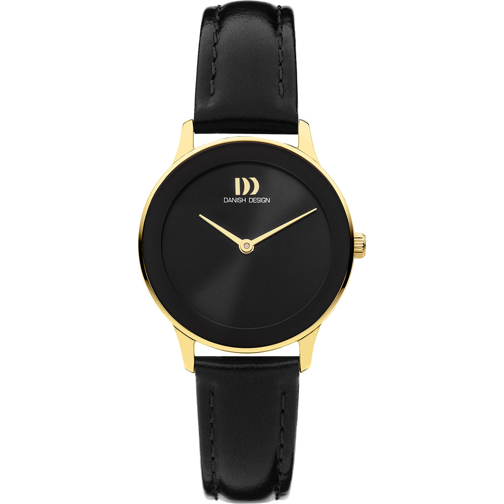 Reloj con esfera negra, caja dorada y correa de cuero negro.