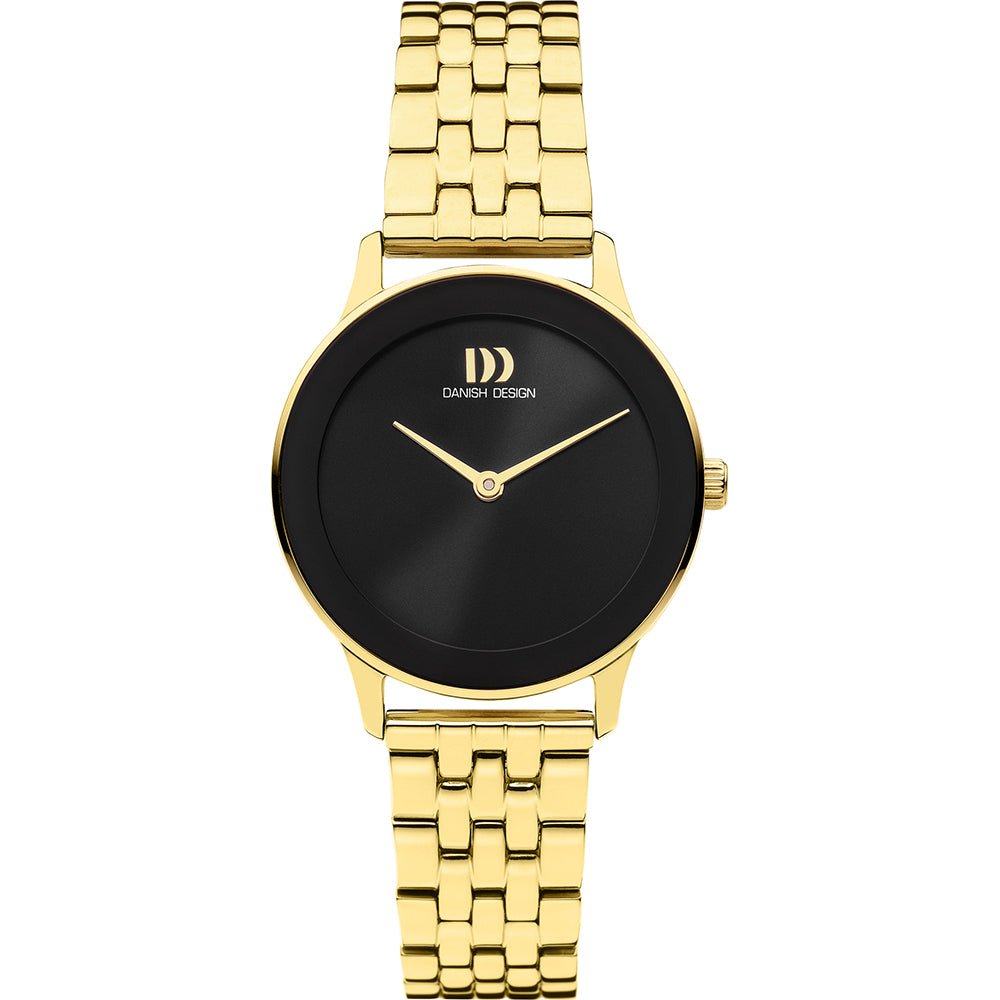 Reloj de mujer con esfera negra y correa de malla dorada.