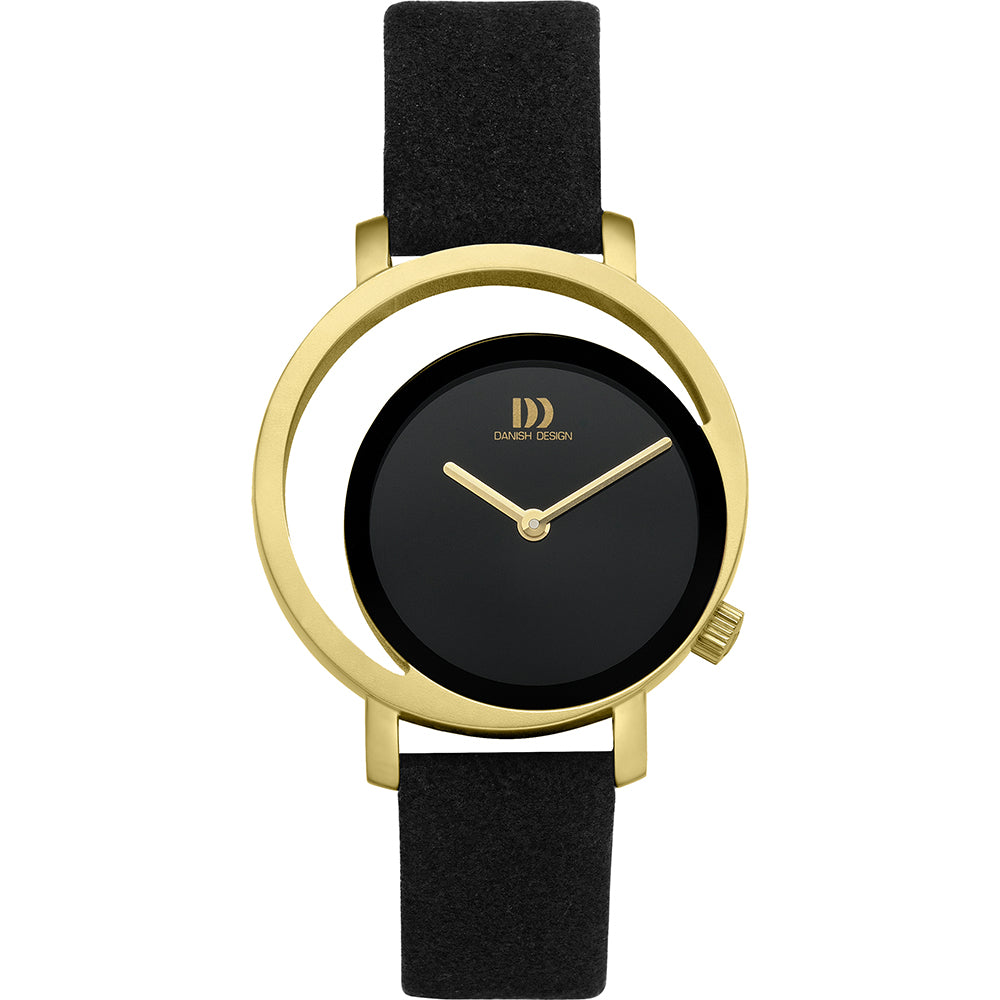 Reloj con esfera negra, caja dorada y correa de cuero negra.