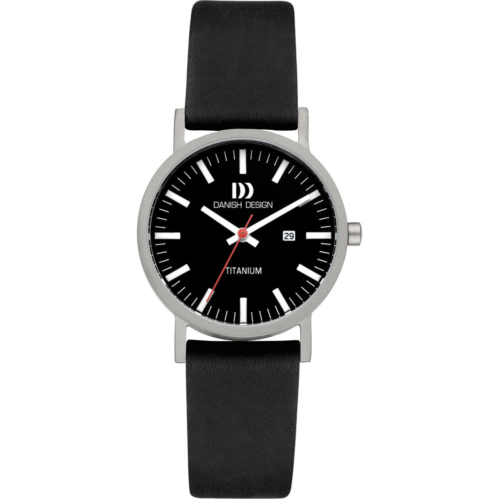 Reloj de mujer con esfera negra, correa de silicona negra y caja de titanio.