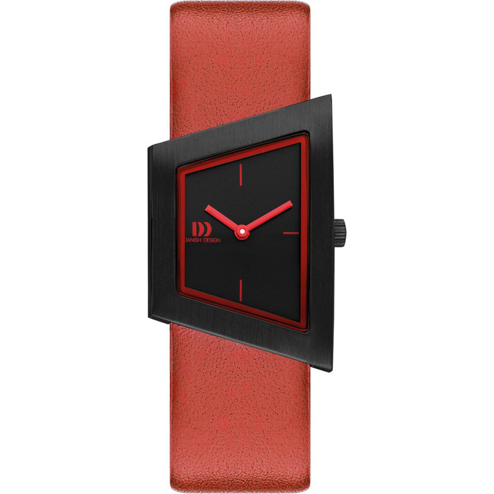 Reloj de mujer con esfera negra, caja rectangular negra y correa de cuero roja.