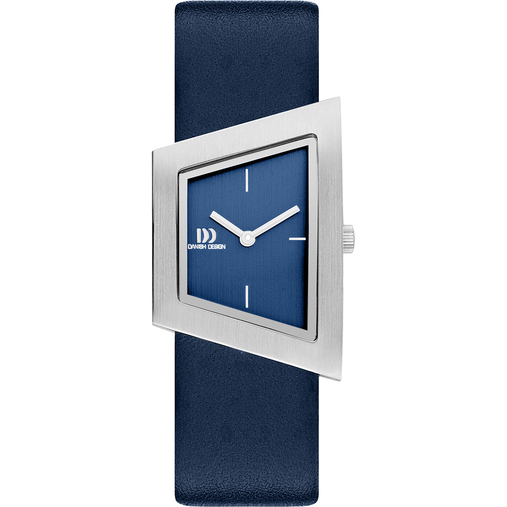 Reloj con caja rectangular de acero inoxidable y esfera azul, correa de cuero azul.