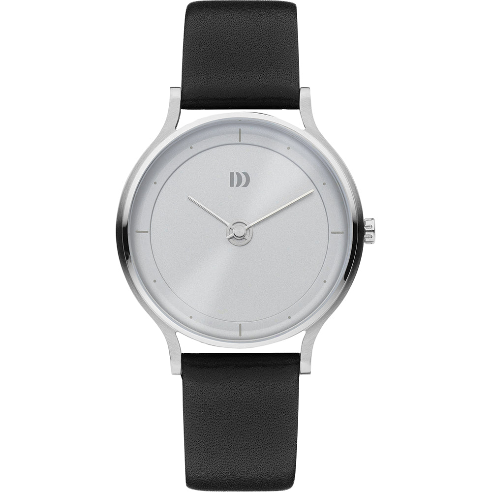 Reloj con esfera plateada, correa de cuero negra y caja de acero inoxidable.