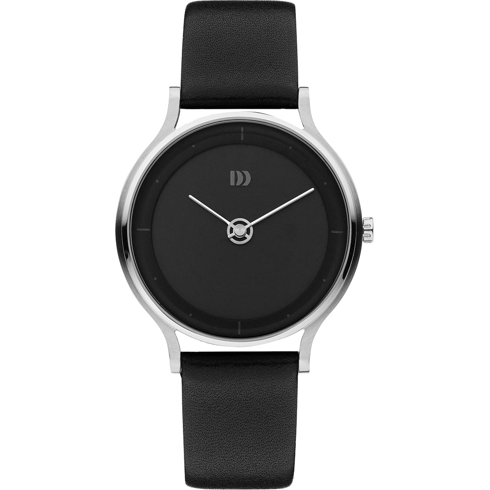 Reloj con esfera negra, correa de cuero negra y caja plateada.