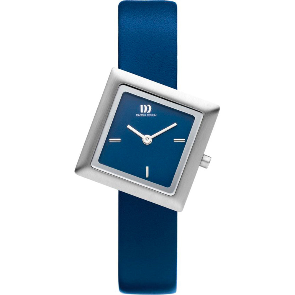 Reloj cuadrado con esfera azul y correa de silicona azul.
