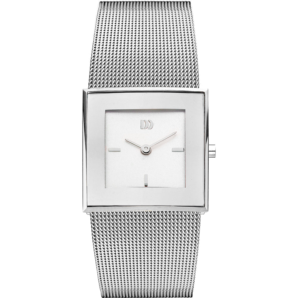 Reloj cuadrado con esfera blanca y correa de malla metálica plateada.