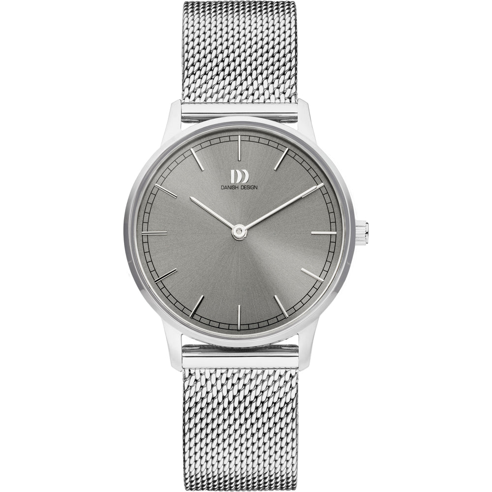 Reloj con esfera gris y correa de malla de acero inoxidable.