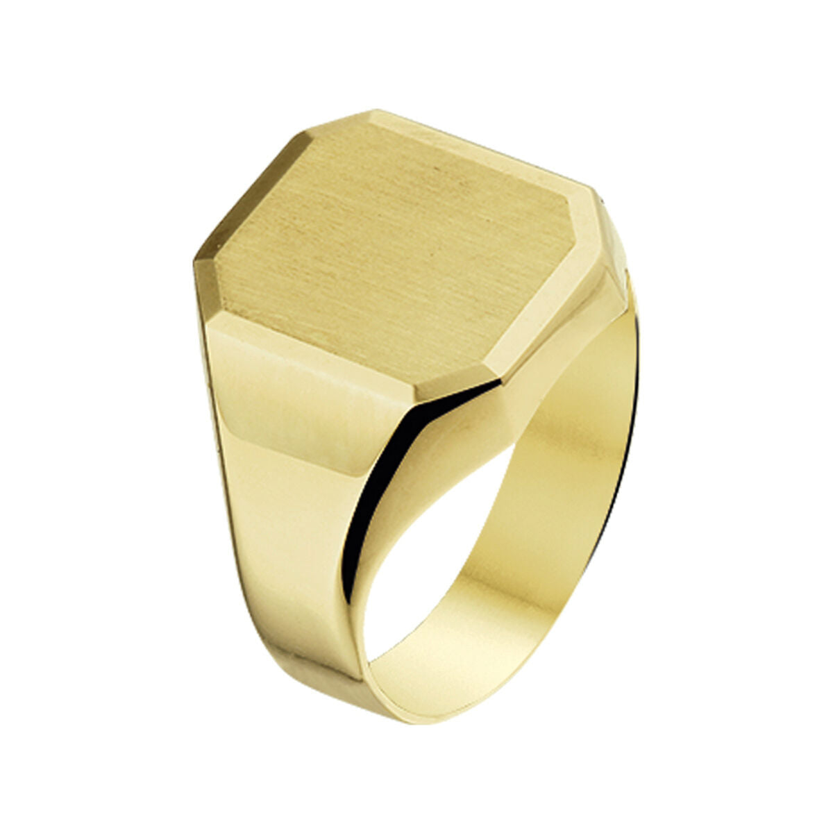 Anillo de 14 quilates en oro amarillo, con acabado mate y diseño hexagonal.